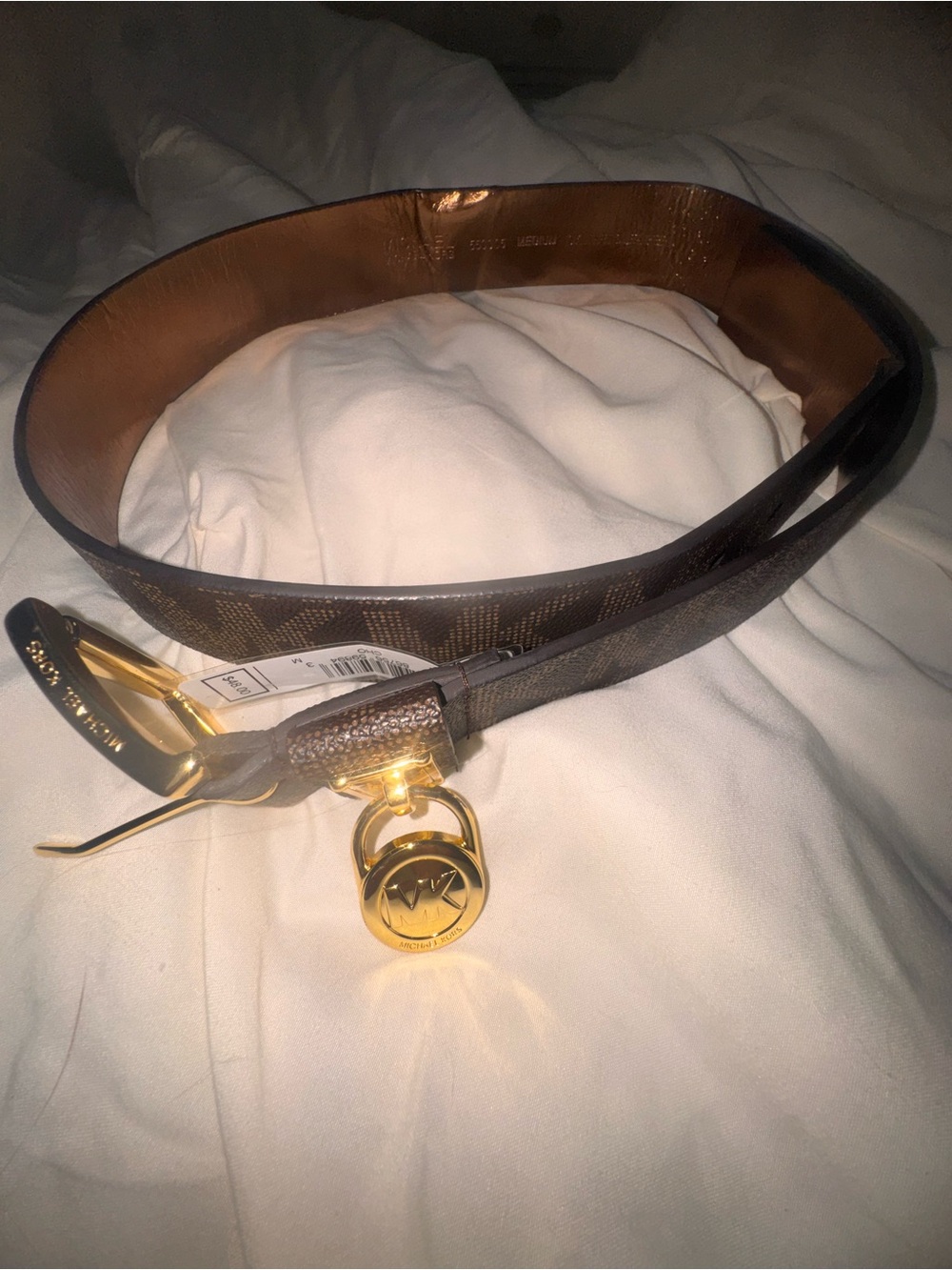 Michael Kors Brown Logo Belt with Gold MK Charm - size medium